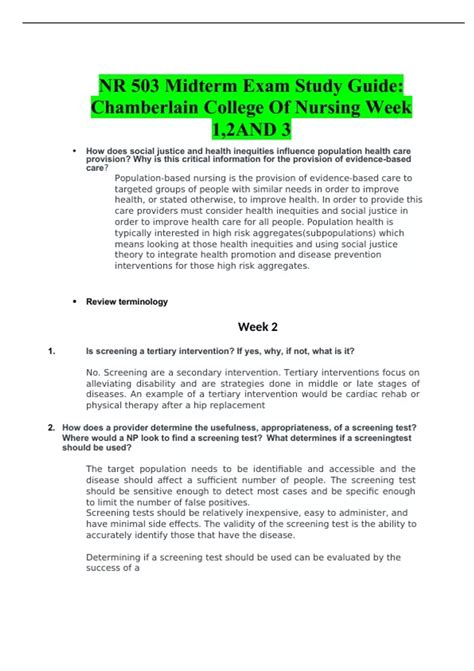 Nr Midterm Exam Study Guide Chamberlain College Of Nursing Week