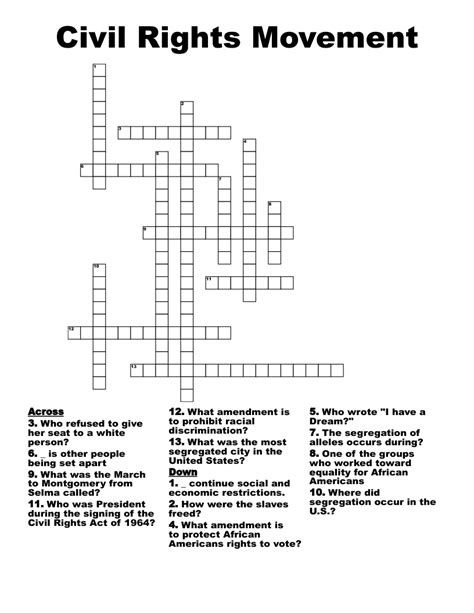 Civil Rights Movement Crossword Puzzle Answer