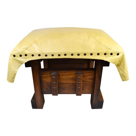 Handmade Wood Leather Footrest Stool Ottoman | Chairish