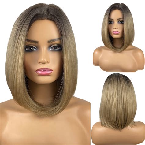MIMISERVICE Ash Blonde Straight Bob Wig Shoulder Length Ombre Wigs With Dark Brown Roots For