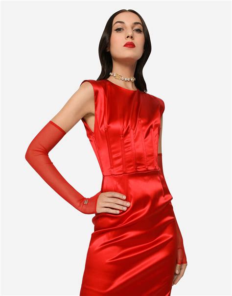 Satin Midi Dress With Corset Details In Red Dolceandgabbana®