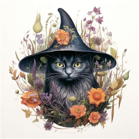 Premium Photo There Is A Black Cat Wearing A Witch Hat Surrounded By