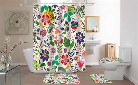 Xswpl 4 Pcs Shower Curtain Set Bathroom Sets With Shower Curtain And Rugs Flowers