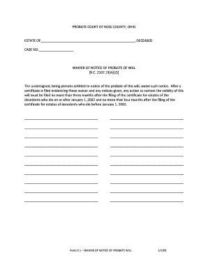 Fillable Online Waiver Of Notice Of Probate Of Will Ross County