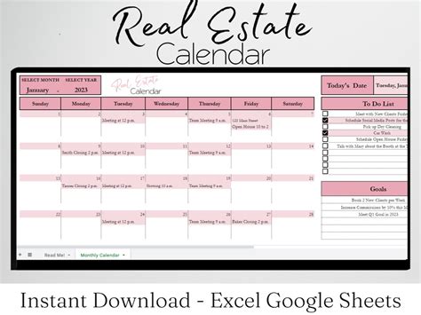 Realtor Monthly Calendar Digital Real Estate Calendar Excel Template