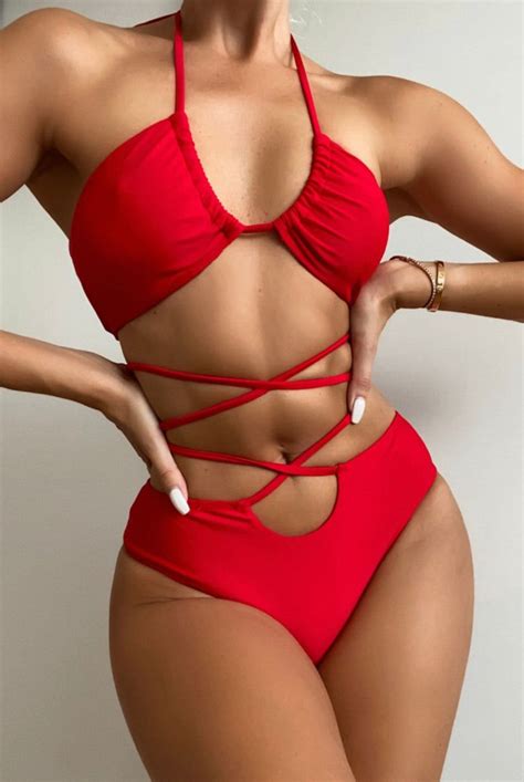 Two Piece Red Bikini With Lace Up In Bikinis Swimwear Halter