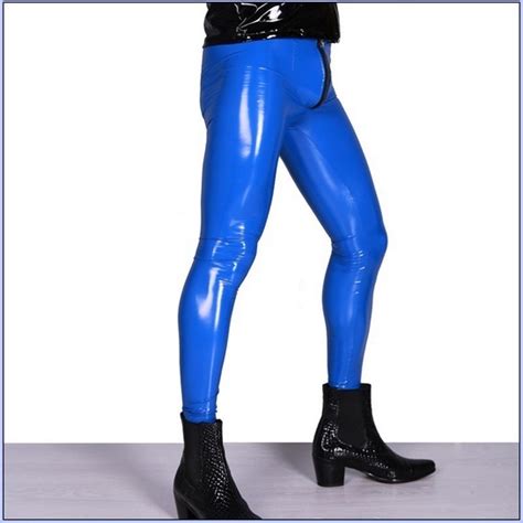 Mens Skin Tight Blue Color Faux Latex Zipper Pouch Stretch Pants