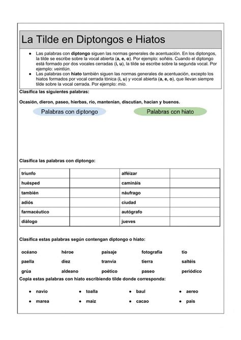 La Tilde En Los Diptongos E Hiatos Worksheet Diptongo Hiato Diptongo