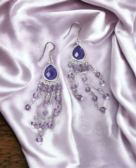 1970s Dangle Earrings Boho Hippie Style Silver Tone With Pale Purple