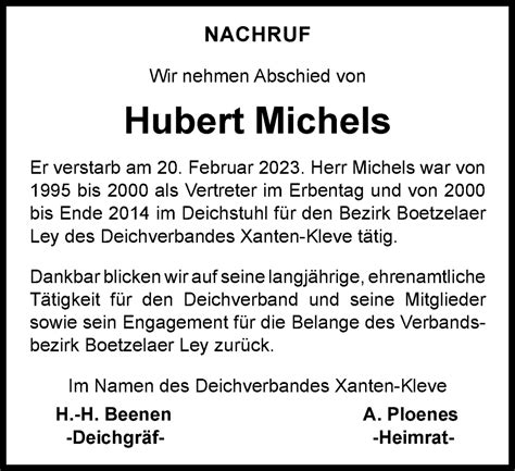 Traueranzeigen Von Hubert Michels Trauer In Nrw De