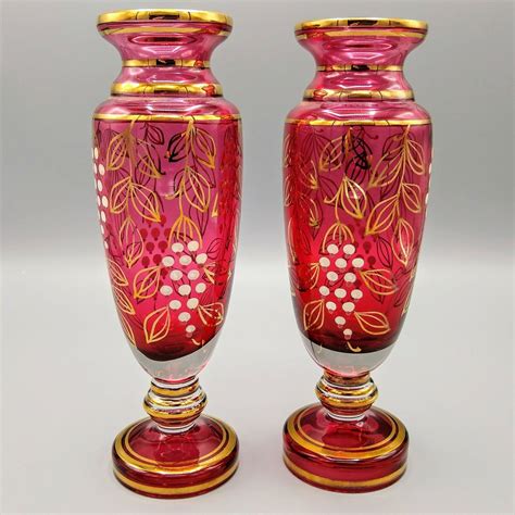 Pair Of Vintage Bohemian Cranberry Glass Vases Ebay