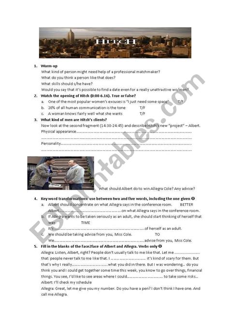 Hitch movie worksheet - ESL worksheet by joannajs