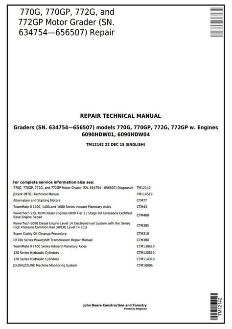 John Deere G Gp G Gp Motor Grader Repair Technical Manual