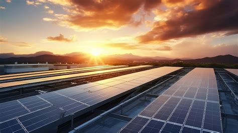 Premium Photo | Solar panels with sun and sunset sky background