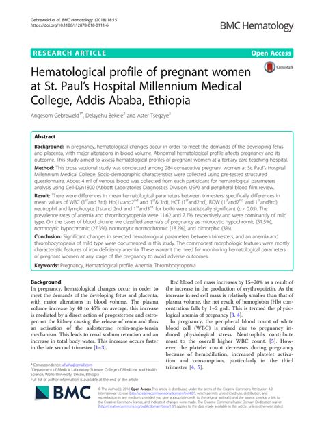 Pdf Hematological Profile Of Pregnant Women At St Paul’s Hospital Millennium Medical College