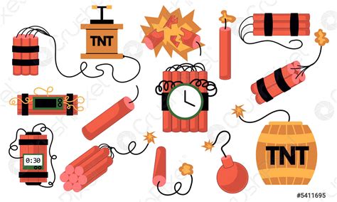 Cartoon Set Of Dynamite And Tnt Explosives With Timer And Stock