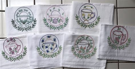 Set Of 7 Hand Embroidered Kitchen Towels With Beautiful Teacups Theme