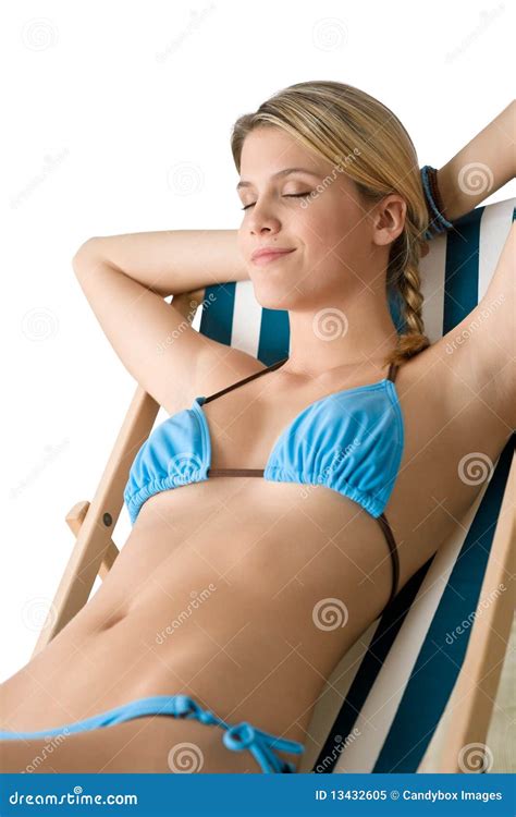 Beach Woman In Bikini Sitting On Deck Chair Stock Image Image Of