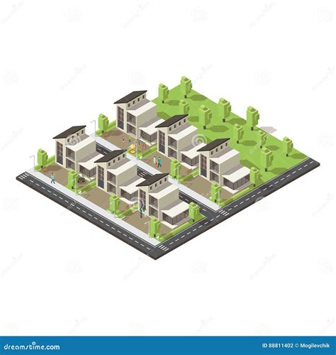 Isometric Complex Suburban Buildings Concept Stock Vector