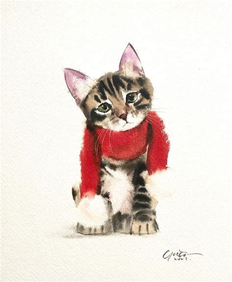 Yutaka Murakami Watercolor Cats Painting