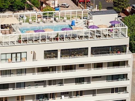 Ariel view of Rooftop pool and sun beds at Warwick Denver