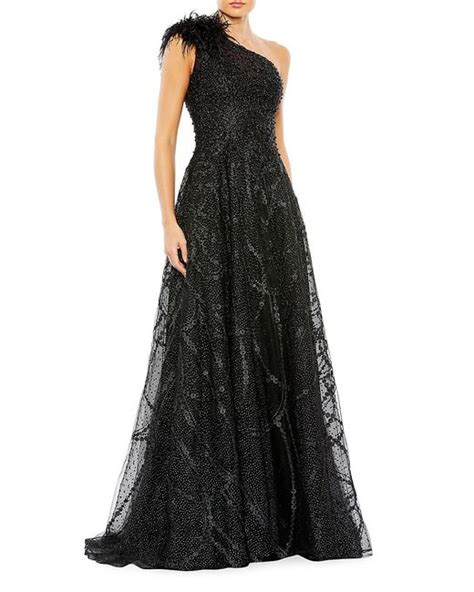 Mac Duggal One Shoulder Feathered A Line Gown In Black Lyst