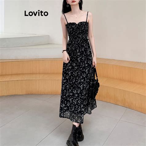 Lovito Casual Ditsy Floral Smocked Lace Up Split Dress For Women