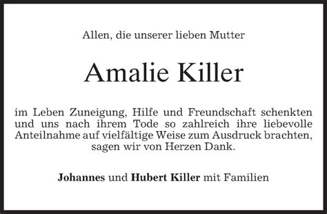 Traueranzeigen Von Amalie Killer Trauer Merkur De