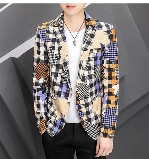 Men S Plaid Patchwork Blazer Suit Jacket High Quality Smart Casual Str Zebuci