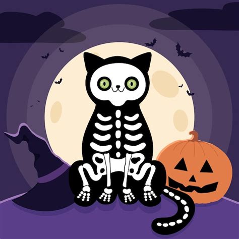 Premium Vector Skeleton Cat With A Witch Hat And Pumpkin In The