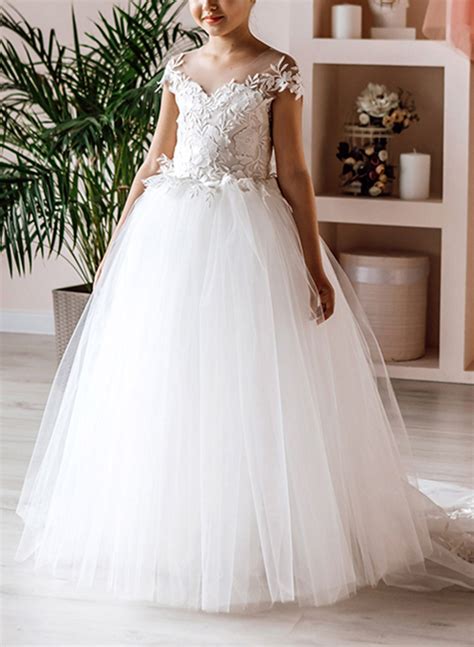 Ball Gown Princess White Lace Tulle Sweep Train Flower Girl Dresses