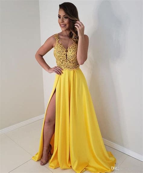 Sexy Longo Amarelo Vestidos De Baile Rendas Chiffon Dividir Uma