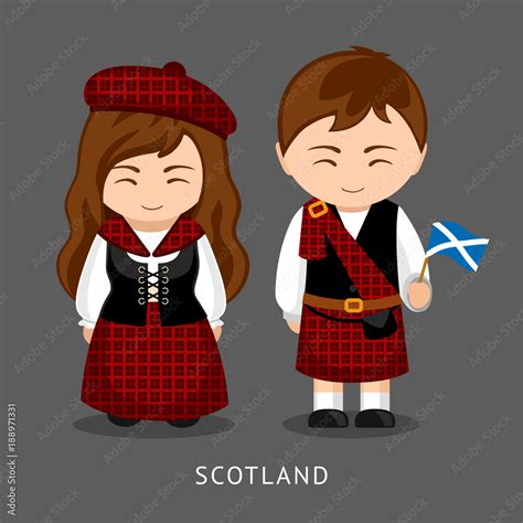 Scots in national dress with a flag. Man and woman in traditional ...