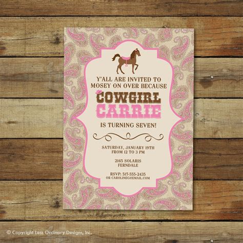 Cowgirl Birthday Invitation Cowgirl Birthday Party Pink