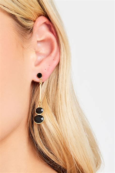 Black Gold Tone Double Gem Drop Earrings Yours Clothing