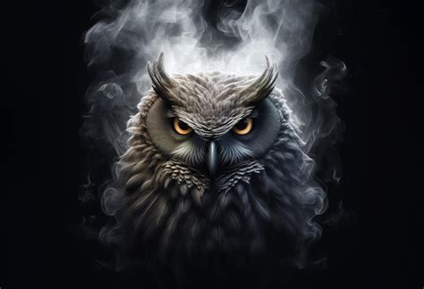 Image Of An Angry Owl Face With Fire Smoke On Black Background Bird