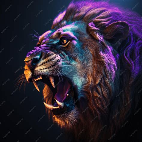 Premium Photo | A painting of a lion with a blue and purple background.