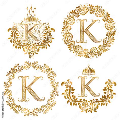 Golden letter K vintage monograms set. Heraldic monogram in coats of ...