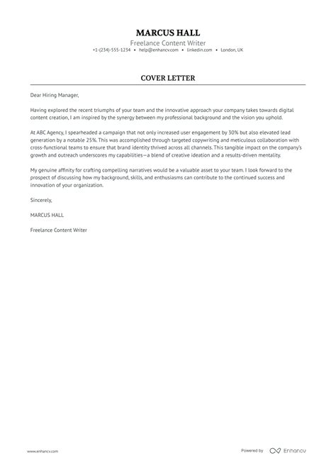 Professional Freelance Content Writer Cover Letter Examples And