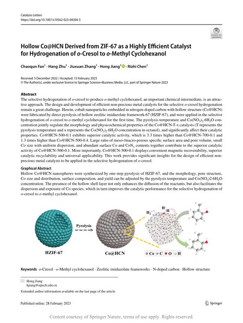 Hollow Co Hcn Derived From Zif As A Highly Efficient Catalyst For