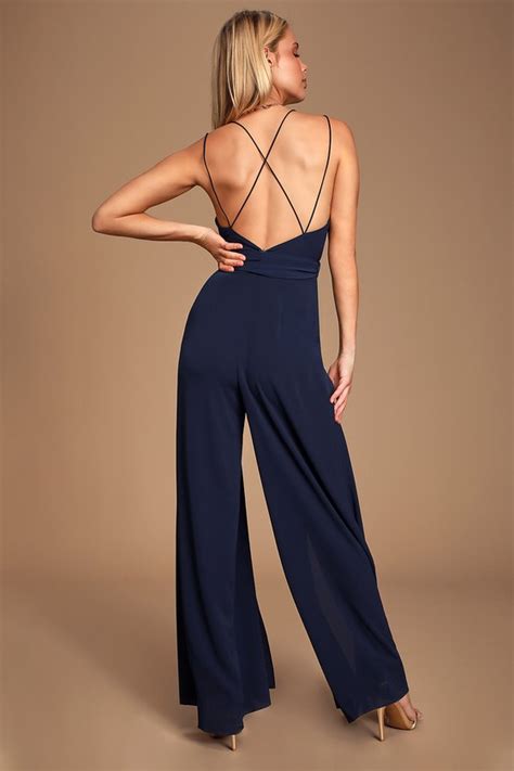 Sexy Backless Jumpsuit Navy Blue Jumpsuit Wide Leg Jumpsuit Lulus