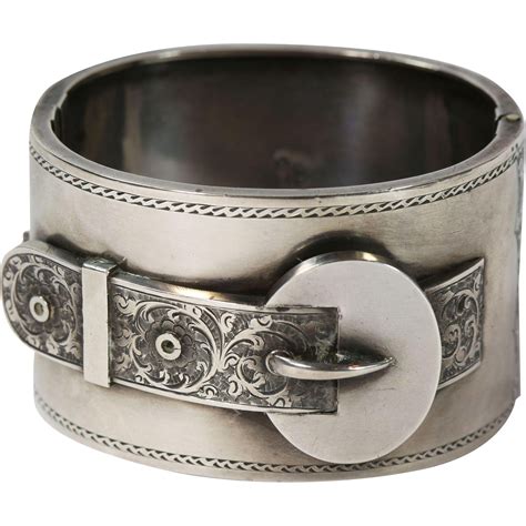 Antique Victorian Wide Silver Engraved Buckle Bangle Bracelet From