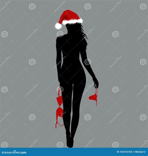 Naked Santa Woman Silhouette Holding Her Lingerie In Her Hands Stock