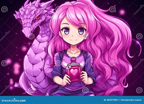 Cute Anime Dragon Girl With Pink Hair Holding An Elixir Bottle In Her Arms Stock Illustration