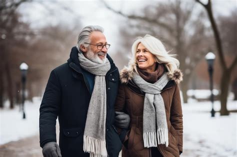 Premium AI Image Winter Stroll Happy Mature Couple Takes A Leisurely