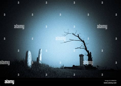 Creepy Cemetery With Headstones And Dead Tree Stock Photo Alamy