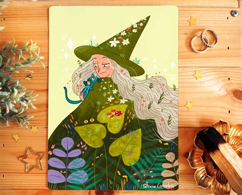 Green Witch Art Print Poster Wall Decor Artwork Witch Poster Witchy Illustration Cat