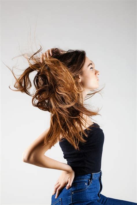 Beautiful Brunette Girl With Windy Hair Stock Photo Image Of