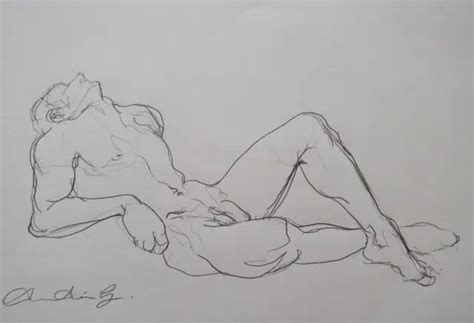 Original Expressive Pencil Drawing Of A Male Nude Crouched Profile Pose