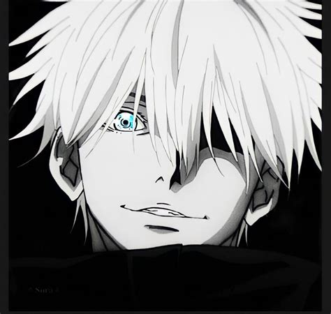 an anime character with white hair and blue eyes looking at something ...